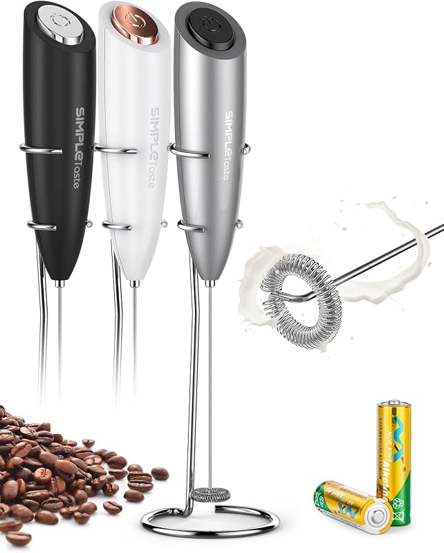 Milk Frother Handheld Electric Foam Maker Battery Operated | Drink Mixer with Stainless Steel Whisk for Cappuccino, Bulletproof Coffee, Latte, Gray, with Stand
