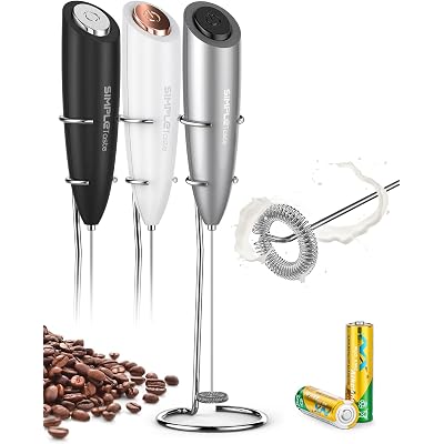 SIMPLETASTE Milk Frother Handheld Electric Foam Maker, Drink Mixer with Stainless Steel Whisk for Cappuccino, Bulletproof Coffee, Latte, Gray, with Stand, Battery Operated