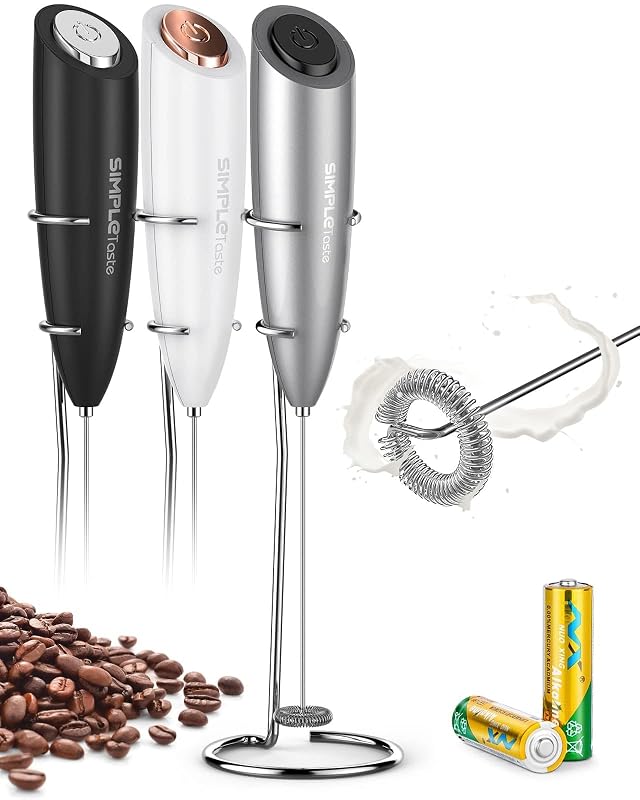 SIMPLETaste Milk Frother Handheld Battery Operated Electric Foam Maker Drink Mixer with Stainless Steel Whisk and Stand for