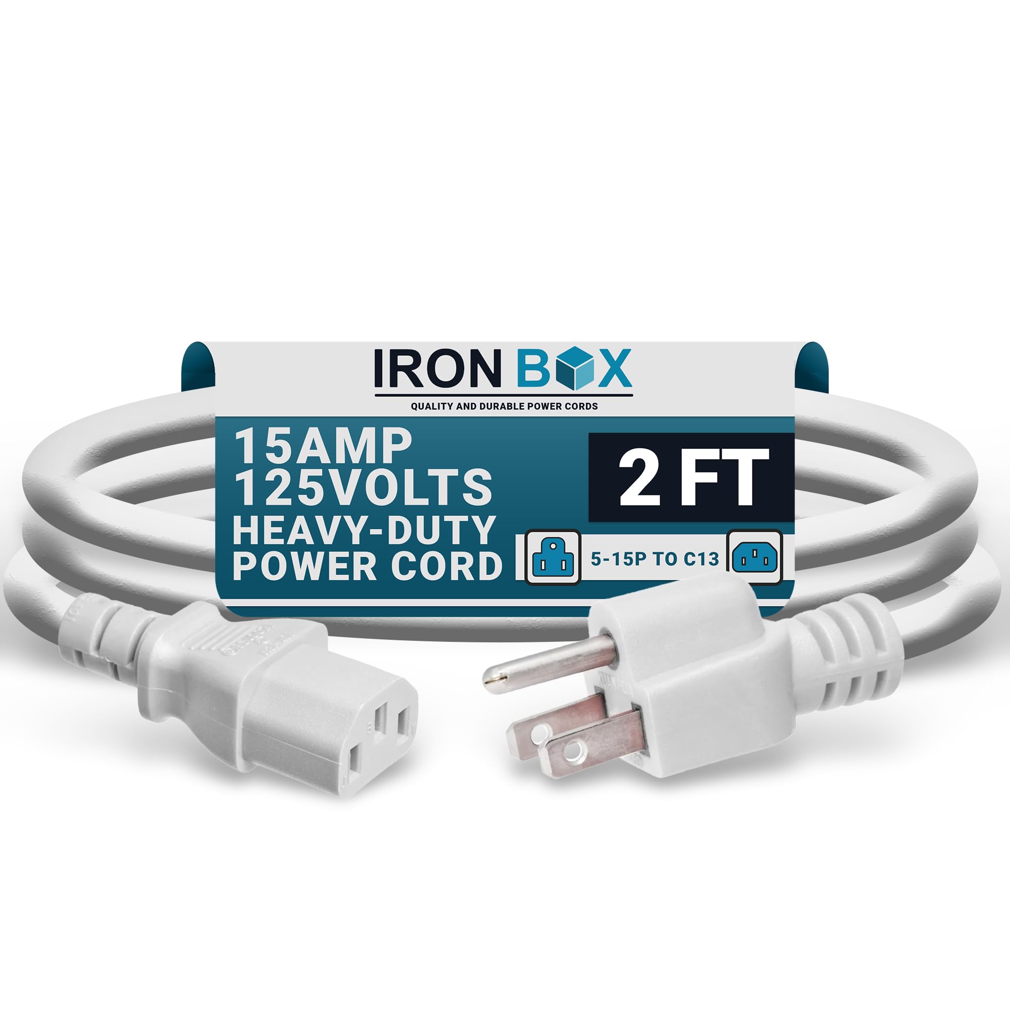 IronBox Electric - Heavy-Duty 5-15P to C13 Power Cord - 3 Prong 15A 125V 14/3 SJT PC Cable - Cord for Computer, Monitor, Subwoofer, Amplifier - Cable for Power Supply - (White 2 Foot)