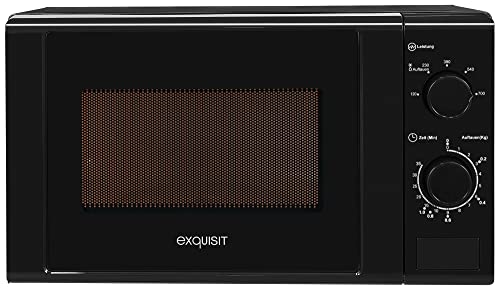 Exquisit® Kuchenka mikrofalowa, 20 l, 700 W, 5 poziomów mocy, kolor czarny, lakierowane wykończenie wnętrza Szybki start, rozmrażanie, naczynie 25,5 cm, otwór przyciskowy, wymiary 25,8 x 43,9 x 32,3