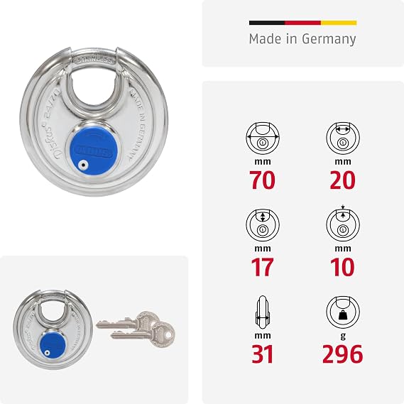 ABUS Diskus Padlock 24IB/70 Stainless Steel - Security Level 8, 70 mm
