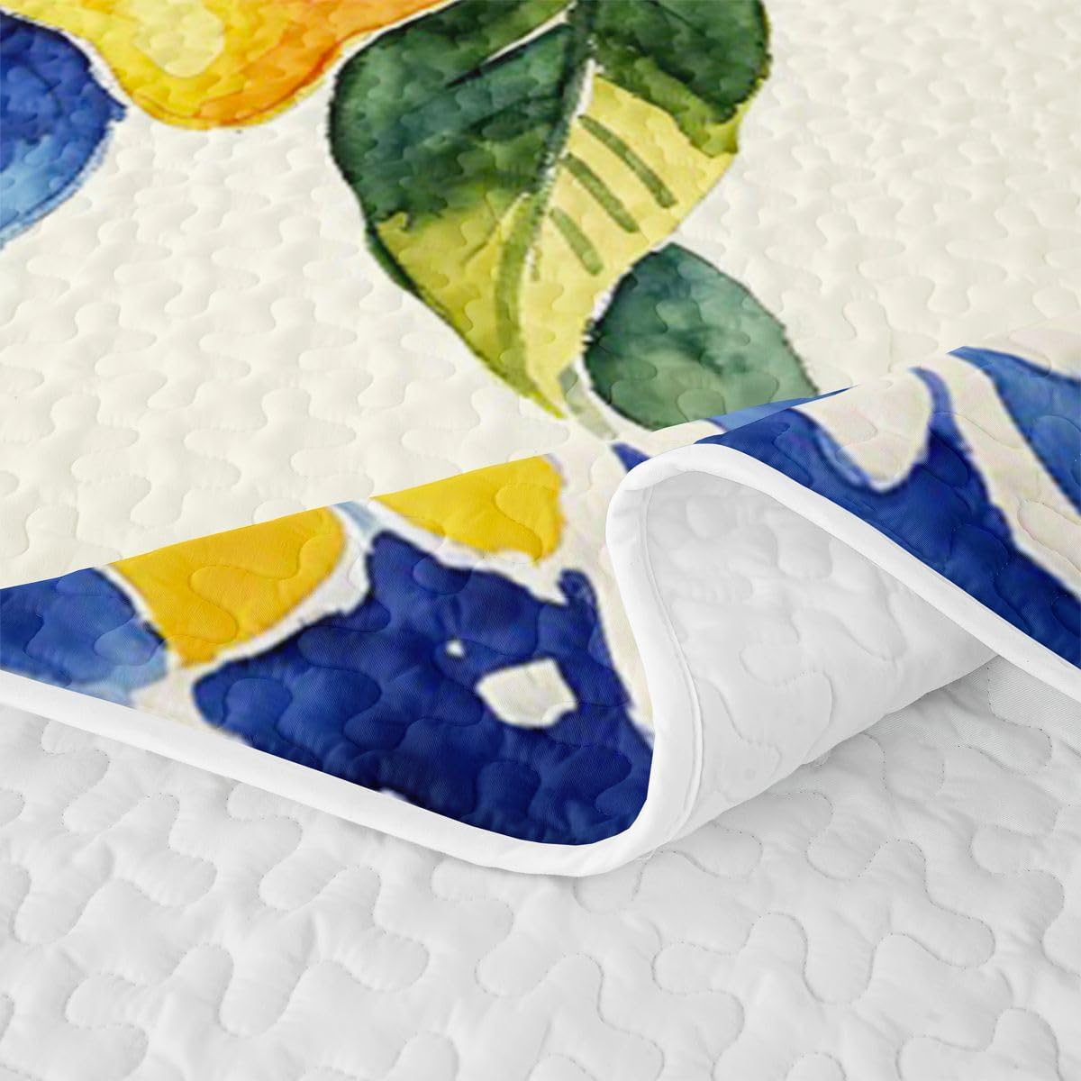 Manfei Traditional Lace and Lemon Quilt Set Twin Size,Citrus Fruit Quilted Bedspread for Kids,Farmhouse Quilted Coverlet with 1 Pillow Sham,Orange Blue Bed Covers for All Season