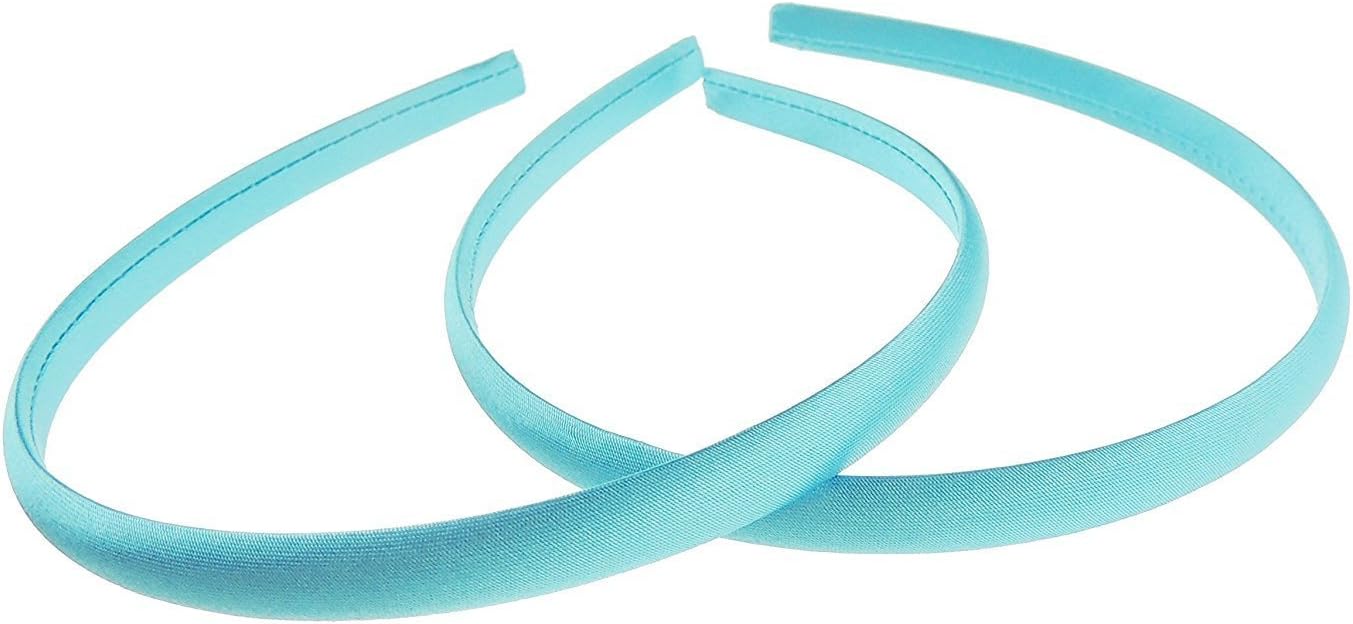 Pair of 2 Slim Thin 1cm Satin Covered Teens Girls Bridesmaid Basic Party Satin Plain DIY Alice Headband Hairband Head Hair Band Kids School Uniform (Turquoise