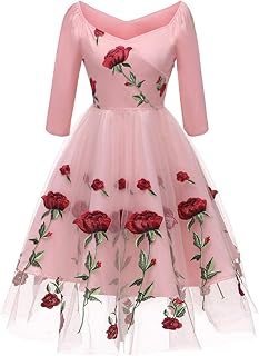 Women Vintage Off Shoulder Rose Embroidered Floral Evening Dress V Neck Short 3/4 Sleeves Wedding Cocktail A Line Midi Gown