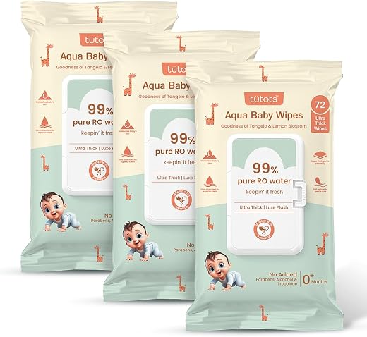 tütots Ultra Thick Aqua Baby Wipes - 99% RO Water Infused with Lemon Blossom &amp; Tangelo - Ideal Wipes for New Born Baby - W...