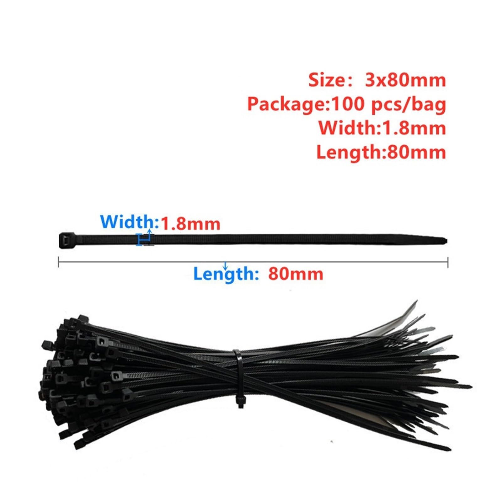 Samozaciskająca plastikowa opaska nylonowa 100 szt./worek, pasek na suwak, 3 x, pierścień mocujący 200(White,3x80mm-100pcs)