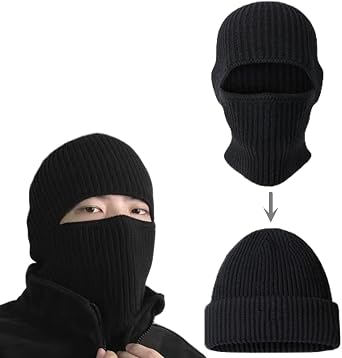Balaclava Ski Mask Cold Weather Balaclava Mask Warm Face Mask Balaclava and Beanie Hats for Men 2 in 1 Black