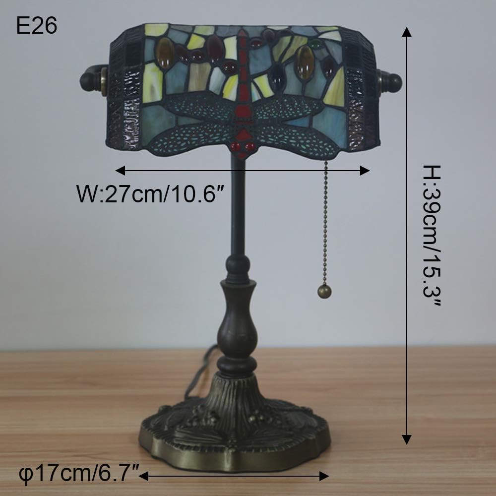 Tiffany Style Table Lamp with 10.6（in） Dragonfly Stained Glass LampShade Vintage Style Pull Chain Switch Banker Desk Light E26 Antique Table Light for Decor Living Room