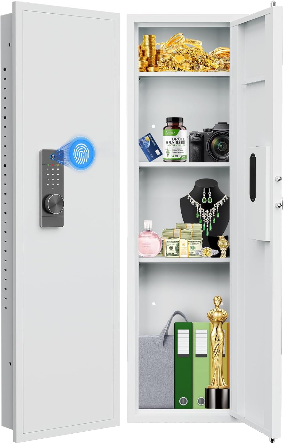 Kaimei Fingerprint Touch Wall Safe, Hidden Gun Storage with Adjustable Shelves, for Rifles, Pistols & Valuables - White