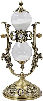 Vintage Hourglass Timer, 15 Minutes,Desk Decor,Embossed White Sand Metal Glass Hourglass Timer,Used for Home and Office Decoration,8.38inch Tall. Brass
