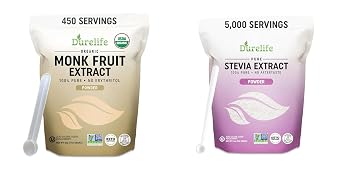 Durelife Organic 100% Pure Monk Fruit sweetener, No Erythritol 5 OZ and Durelife 100% Pure stevia extract sweetener 8 oz