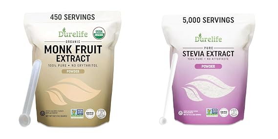 Durelife Organic 100% Pure Monk Fruit sweetener, No Erythritol 5 OZ and Durelife 100% Pure stevia extract sweetener 8 oz