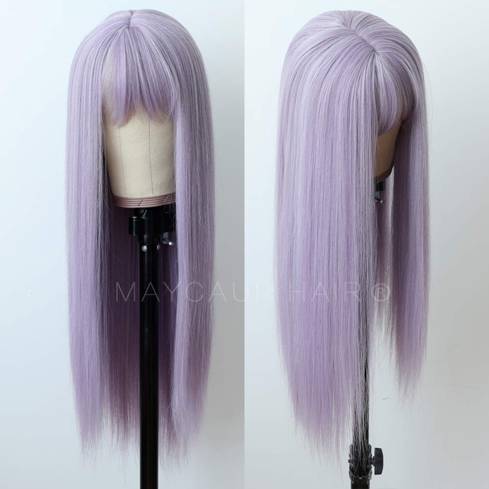 Maycaur Purple Color Synthetic Hair Wigs with Full Bangs Long Straight Women's Wig Heat Resistant Synthetic No Lace Wigs for Fashion Women 22 Inch