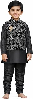Maa Vaishno Vijay Enterprises Baby Boys Cotton Kurta Printed Nehru Jacket With Pajama Set, Black Price In India