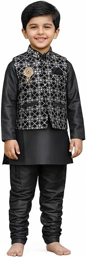 Maa Vaishno Vijay Enterprises Baby Boys Cotton Kurta Printed Nehru Jacket With Pajama Set, Black