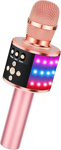 Singing Machine Wireless Karaoke Mic with Speaker | Portable Bluetooth Microphone with Music Sync LED Lights, 5 Magic Voic...