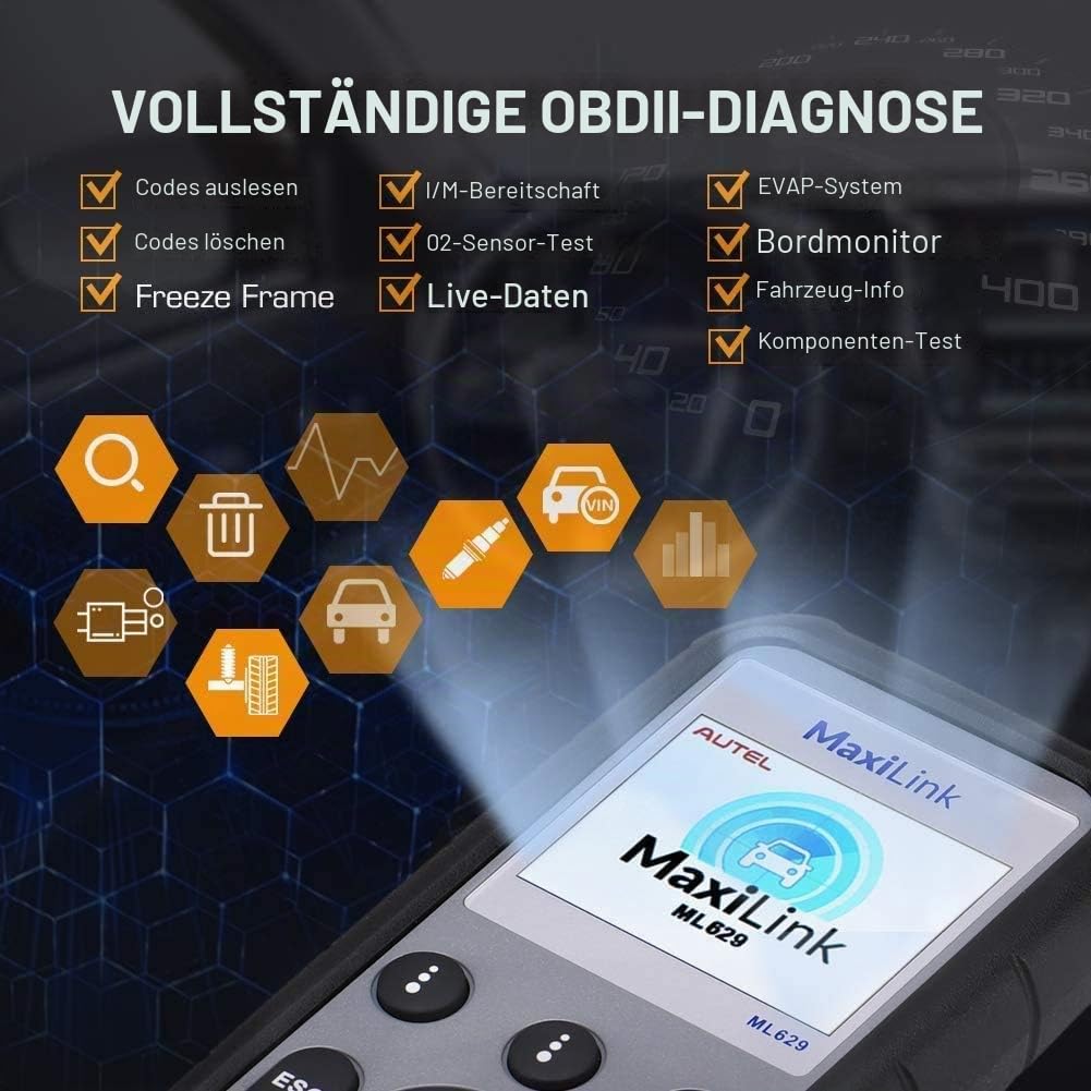 Autel ML629 OBD2-Diagnosegerät Kfz-Auslesegerät alle OBDII Dieselmotor Benzinmotor, Airbag Antiblockiersystem Motor Getriebe System Tiefe Diagnose, 14 Sprache Deutsche inkl. | Mechanic Full OBDII Code Reader w/DTC Lookup AutoVIN, OBD2 Live Data, Up of AL6