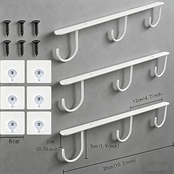 3pcs Mug Hooks,Under Cabinet Mug Holder, Coffee Cups Hook,Mug Hanger Organizer Rack with 9 Hooks for Displaying Mugs, Cups and Kitchen Utensils (White)