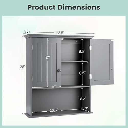 Miniatura 3 de Giantex Armario de baño montado en la pared, gabinete de almacenamiento de baño con estante ajustable, gabinete de pared de baño de 2 puertas,