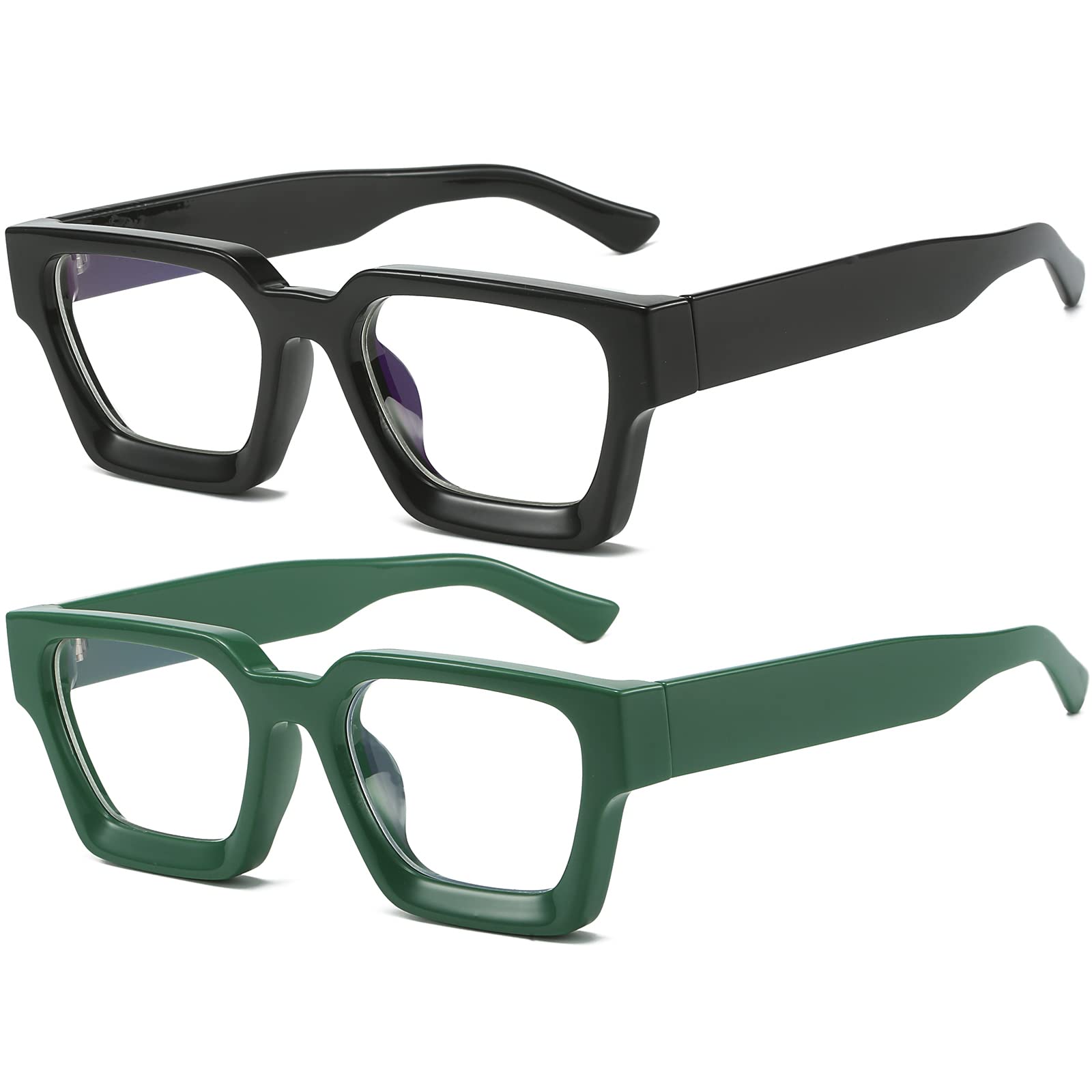Photo 1 of AIEYEZO Square Thick Frame Glasses for Women Men Fashion Blue Light Glasses Trendy Chic Computer Eyeglasses (Black + Green)