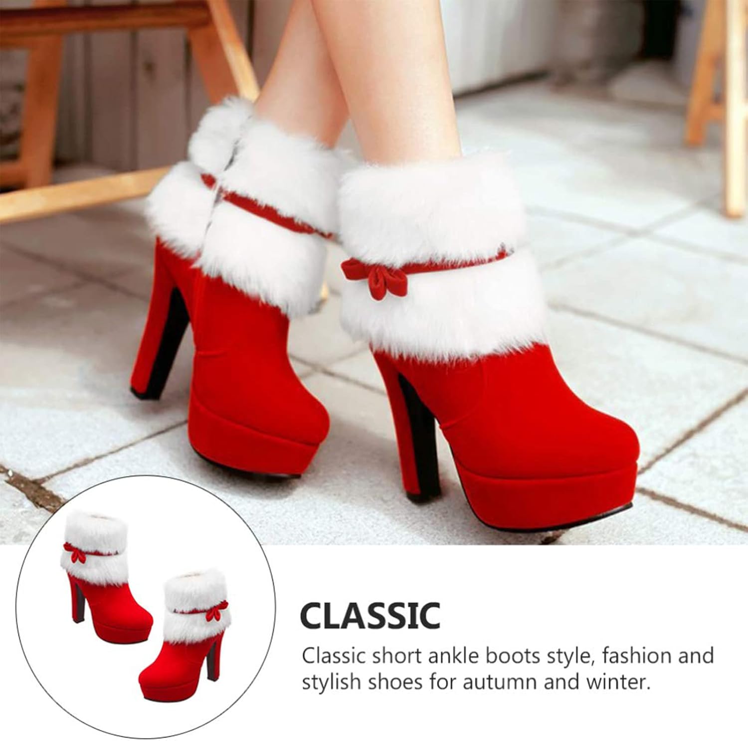 PURCHAWEE Women Winter Red Christmas Boots Ankle Boots Bow Decor Fur Lined Side Zipper Christmas Heels Santa Boots