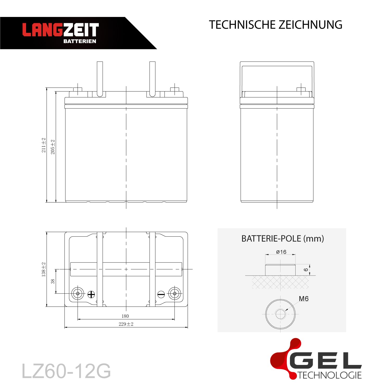 LANGZEIT Akku 12V 60Ah Gel Batterie Blei-Akku Solar USV ersetzt 50Ah 55Ah