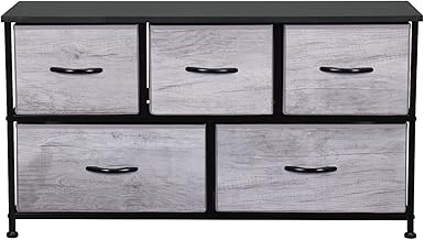 Requena Wide Chest of Drawers with 5 Drawers and Wood Top, Large Storage Space, Easy to Install Room Organizer for Bedroom, Living Room, Nursery (CD-206-GREY-BLK)