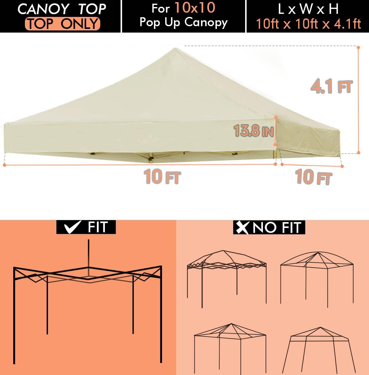 ONTHEWAY 10' x 10' Replacement Canopy Top for Pop Up Tent, Heavy Duty Waterproof Fabric with UV Protection, Instant Canopy Top Cover ONLY
