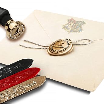 Nostalgic Impressions Harry Potter School of Witchcraft & Wizardry Wax Seal Stamp Kit with Brown Wood Handle and Multi-Color Sealing Wax
