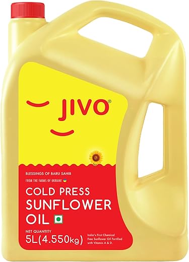 Jivo Cold Pressed Chemical Free Sunflower Oil 5 Litre |For Roasting, Frying, Baking All type of Cuisines|