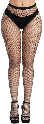 High Waist Fishnet Tights Soft & Stretchy Partterned Fishnets Garter Thigh High Stockings for Women CozyWow - A-black-big Hole