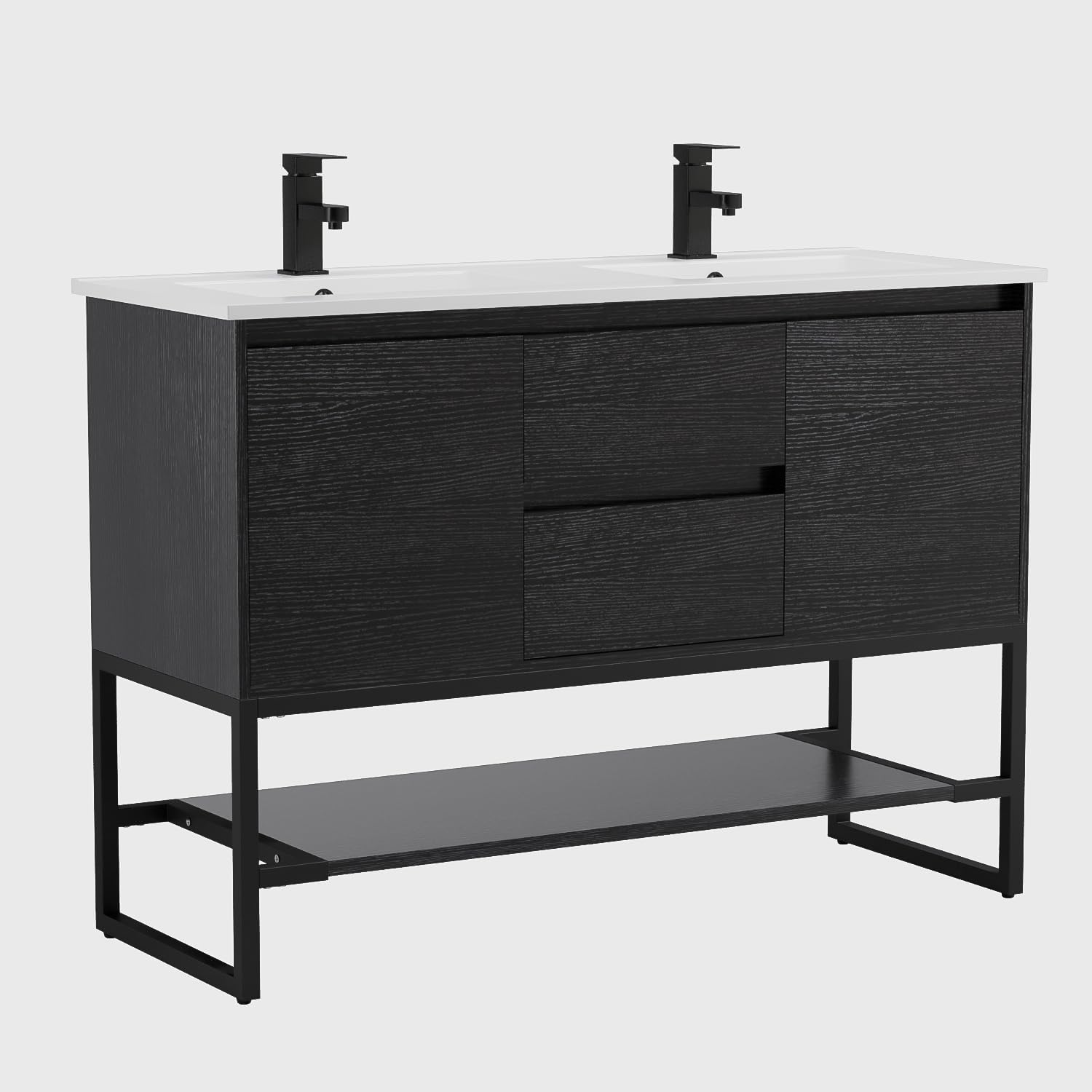LUCKWIND 48" Bathroom Vanity with Sink Combo, Bathroom Storage Cabinet with Metal Frame, Matte Black Faucet, 1-Tier Open Shelf and 2 Soft-Closing Door, Black