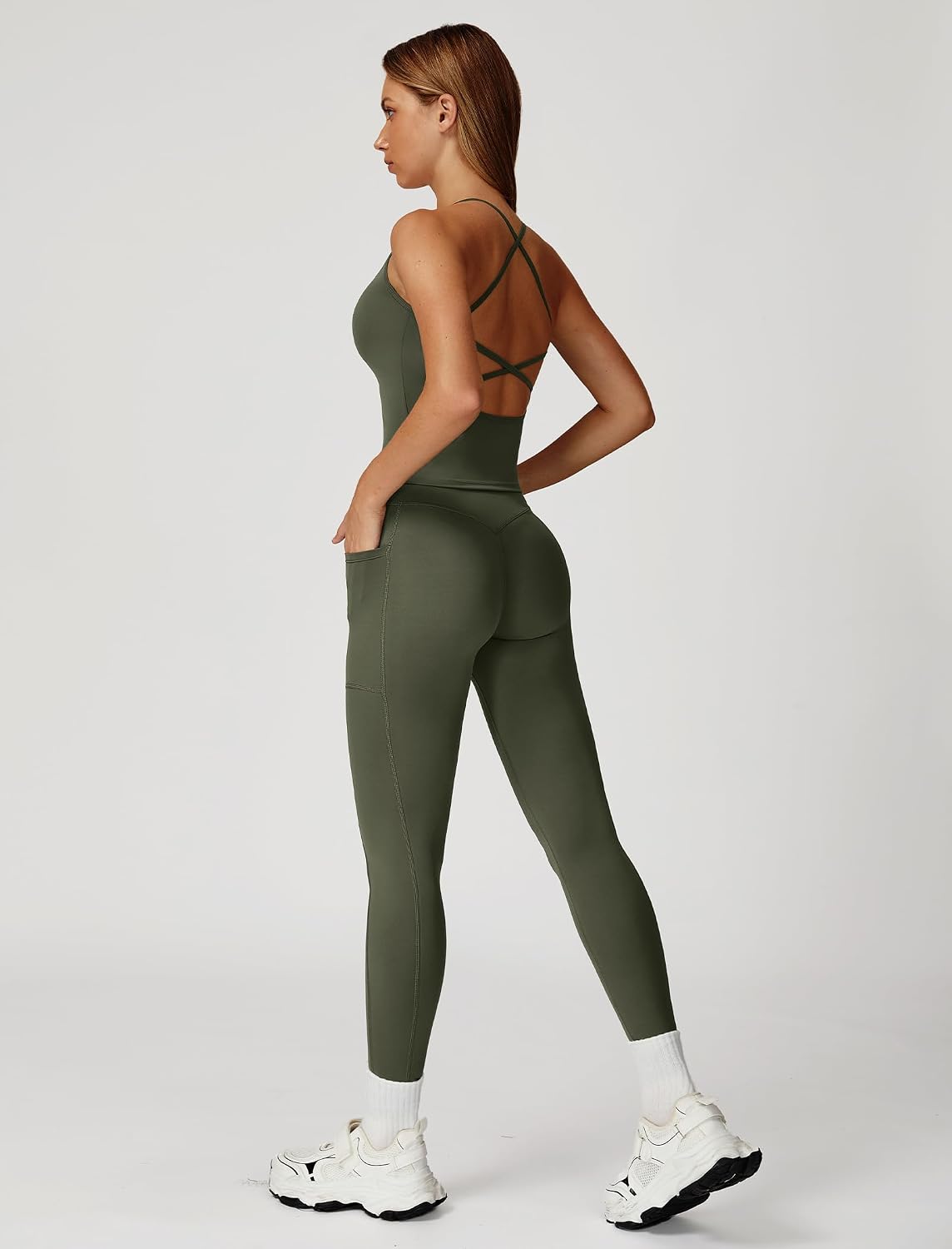 ABOCIW Womens 2 Piece Workout Sets Strappy Crop Tank Corssover High Waist Leggings with Poacket Gym Set Yoga Outfits