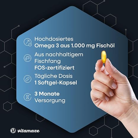 Omega 3 capsules high dose 400 mg EPA and 300 mg DHA in triglyceride form for 3 months 1 capsule per day 1000 mg fish oil from sustainable fishing highest bioavailability made in Germany