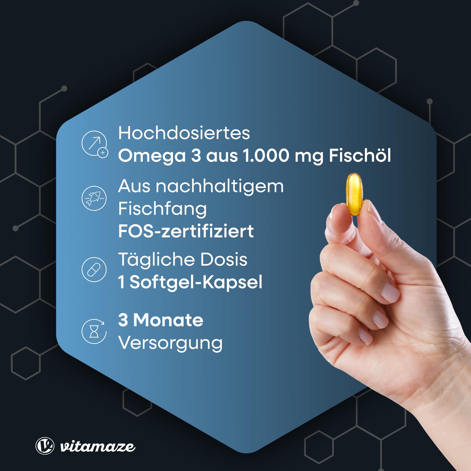 Omega 3 Kapseln hochdosiert, 400 mg EPA & 300 mg DHA in Triglycerid-Form für 3 Monate, 1 Kapsel pro Tag, 1000 mg Fischöl aus nachhaltigem Fischfang, höchste Bioverfügbarkeit, Made in Germany