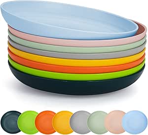 Berglander 9 Inch Plastic Deep Dinner Plates Set of 8 Colors, Reusable and Sturdy Unbreakable Dishes Set for Pasta Bowls, Cereal, Ramen, Appetizer,Dessert, Microwave Safe Dishwasher Safe