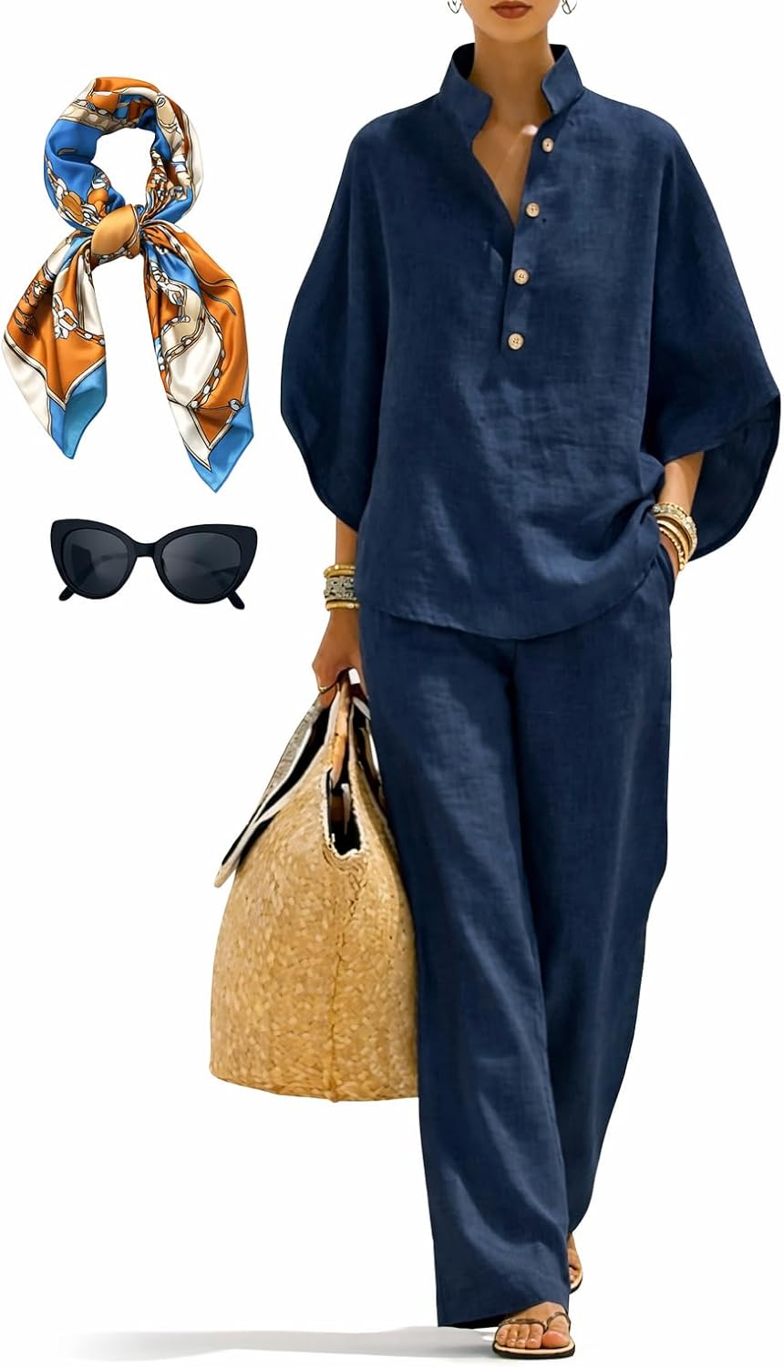 Women’s Batwing Sleeve Linen Cotton Two-Piece Set – Casual Shirt & Wide Leg Pants Outfit, Women's Shirt Suit
