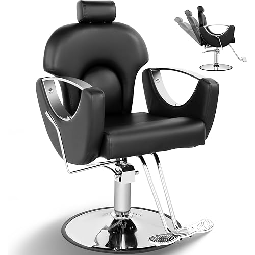 Reclining Salon Chair for Hair Stylist, Heavy Duty Hair Barber Chair with Adjustable Headrest, 360 Degree Swivel Beauty Spa Equipment Max Load 440Lbs, Black Silver