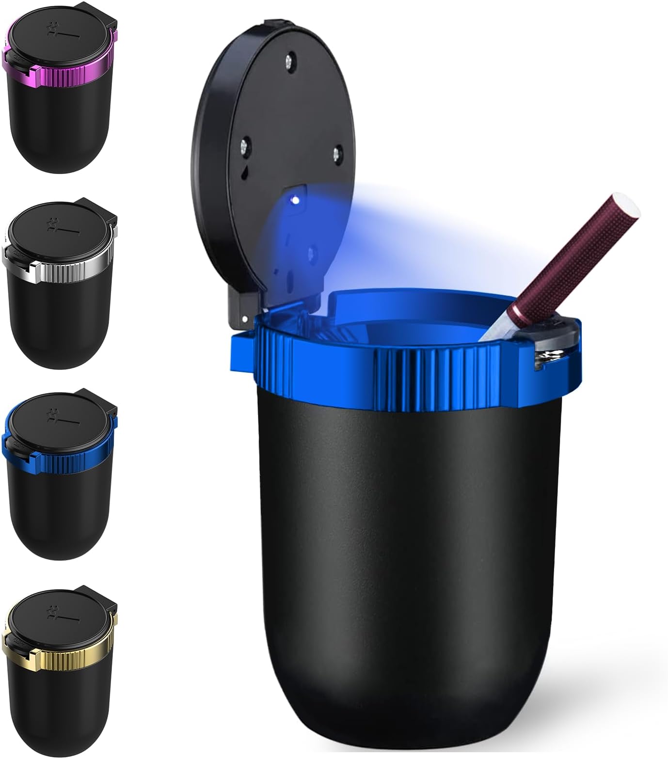 Smokeless Car Ashtray with Lid - Stainless Steel Inner Container Windproof Ashtray, Portable LED Blue Light Auto Accessories for Travel, Detachable Mini Trash Can (Blue 1-Pack)