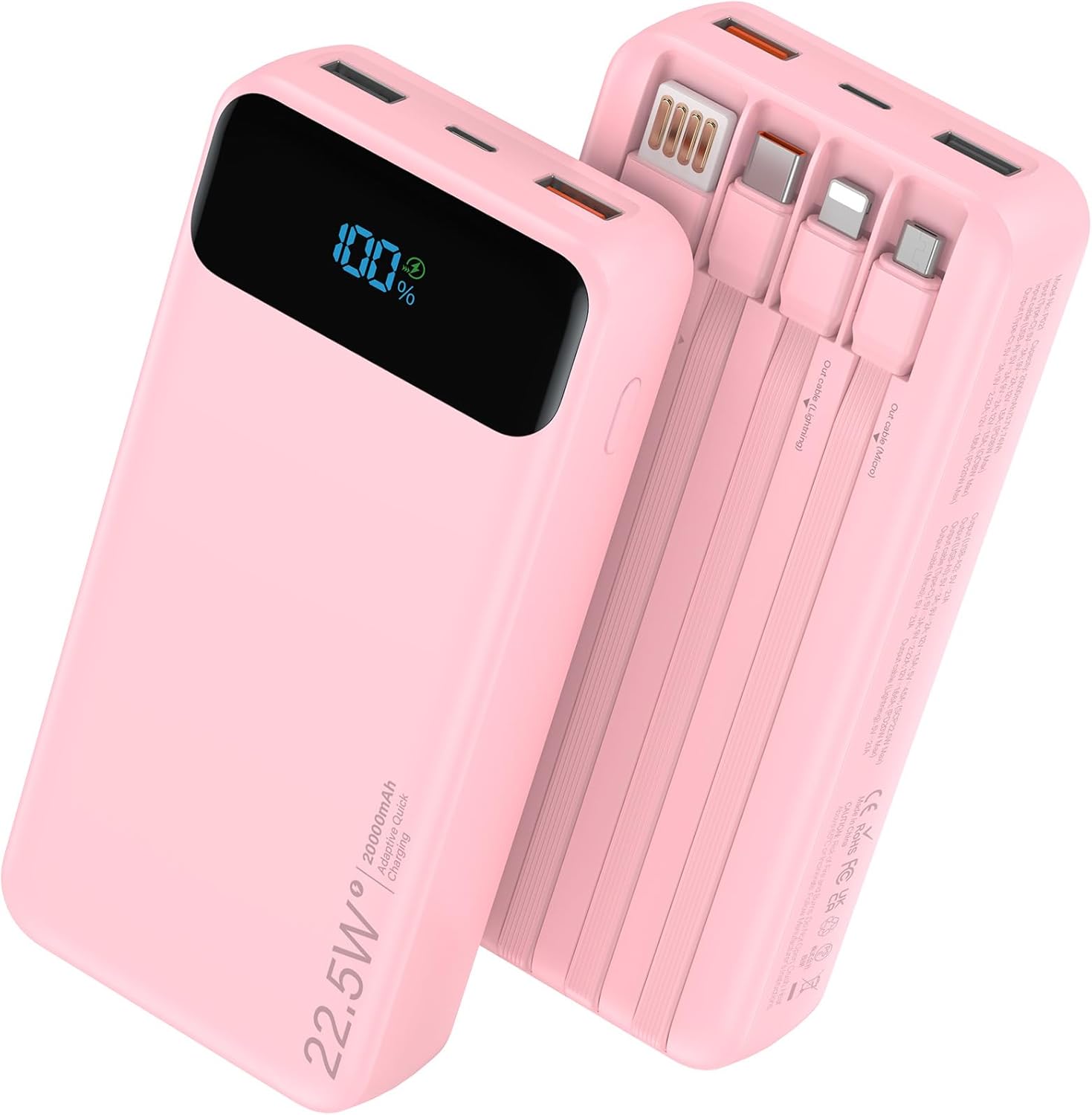 Portable Charger, 20000mAh 22.5W Fast Charging Power Bank with 4 Built-in Cables, Travel Essentials External Battery Pack with LED Display, 6 Outputs Charging Bank for iPhone, iPad, Samsung etc Pink