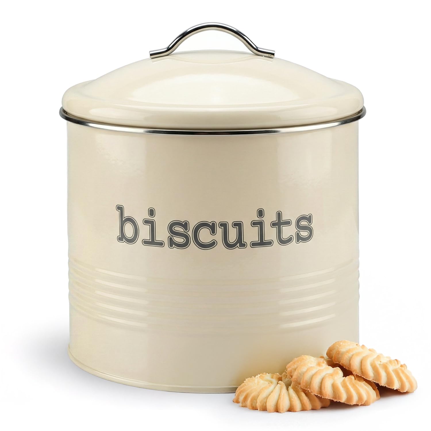 Besto Biscuit Tin Airtight 4L Approx. | Round Biscuit Barrel with Stainless Steel Lid & Airtight Seal | Biscuits Tin & Jar for Storing Cookies & Rusks | Cream