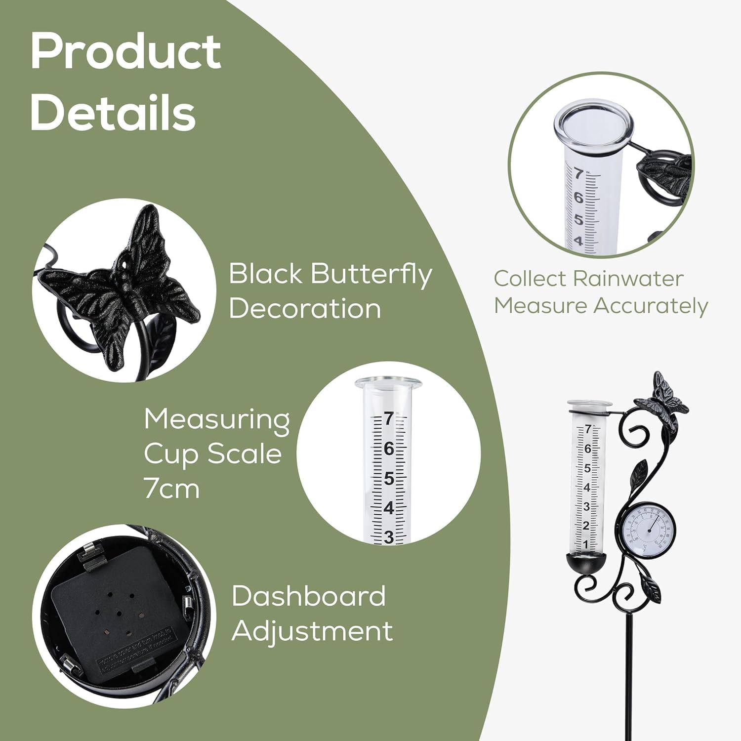 Rain Gauge Outdoor, Black Butterfly Rain Gauge with Thermometer for Measuring Precipitation, Garden Decoration (Black Butterfly)