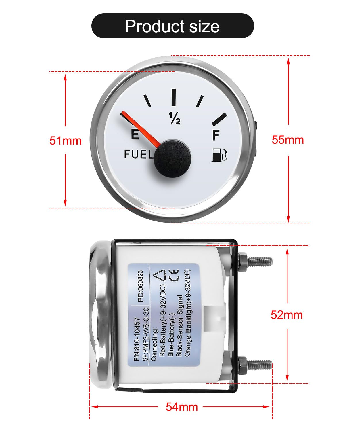 White 0-30 ohm Fuel Gauge Fit for Cars Motorcycles Ships Tractors Yachts, Fuel Level Gauge with LED Light and 52 mm Dial