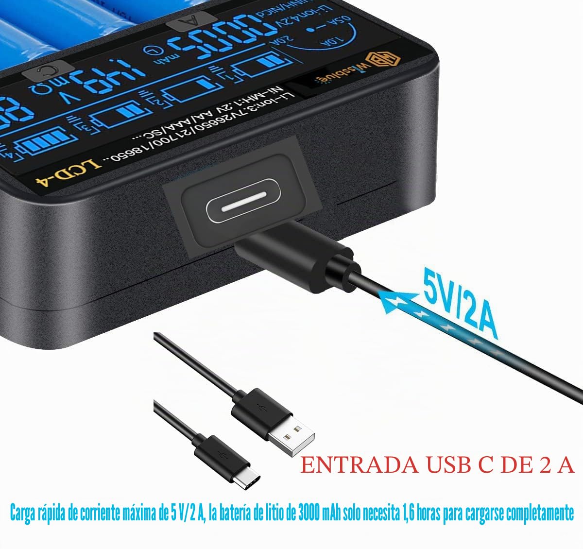 Cargador rápido de batería 18650, Pantalla Lcd Que Puede Mostrar Capacidad, Adecuado para batería de Litio de 3.7v y batería aa aaa de 1.2v
