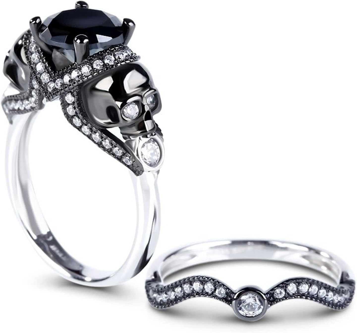 Jeulia 4.97 Carat Twist Skull Rings for Women Two Tone Round Cut Sterling Silver Two Tone Twist Band Rings White Diamond Bridal Ring Set Black Plated Engagement Promise Rings with Jewelry Gift Box