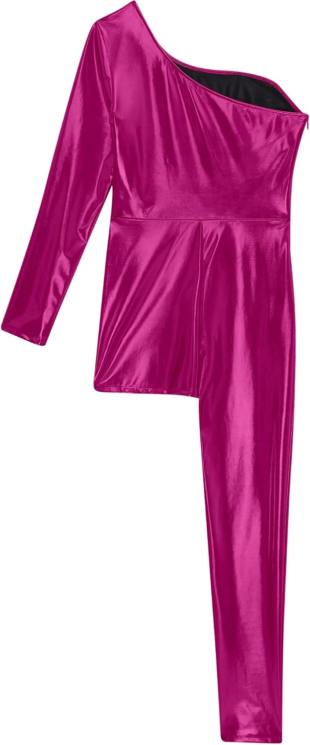 Jugaoge Women Shiny Metallic Asymmetric Unitards Jumpsuits Full Body One Piece Bodysuit for Dance