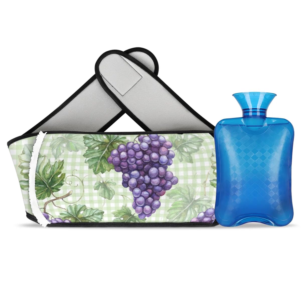 Hot Water Bag with Waist Cover Grapes Leaves Square Warm Hot Water Bottle Belt Plush Double Hand Insert Wearable Water Bag Detachable Hot Bottle Pouch for Neck Shoulder Pain Relief
