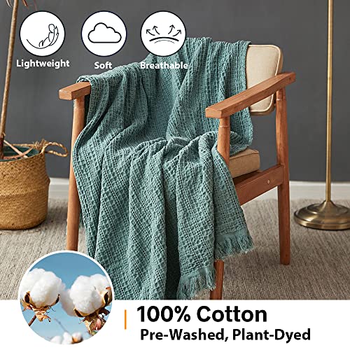 Simple&Opulence 100% Cotton Throw Blanket for Couch, Bed, Waffle Weave Cable Knit Blanket with Tassels, Soft Lightweight Pre-Washed Breathable Cozy Blanket Farmhouse Decoration for All-Season (Green)