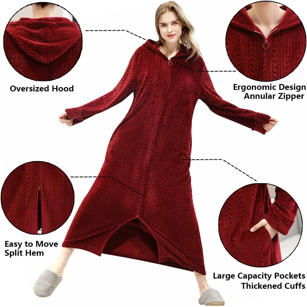 Oksun Womens Fleece Warm Robe: Cozy Flannel Long Zipper Bathrobe - Plush Winter Housecoat Nightgown - Image 2